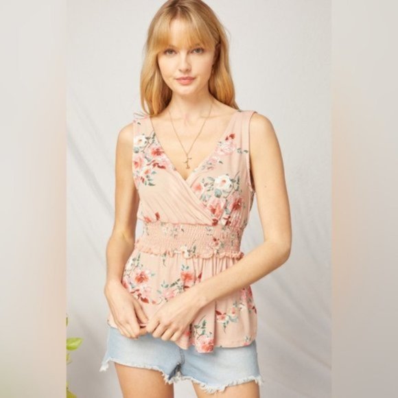 Entro | Ellie Floral Print Surplice Sleeveless Smocked Top Ruffle Cottage Small - Picture 4 of 14